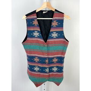 VTG ROXBURY Womens S Woven Button Up Vest Geometric Stripe Tie Back Multicolor